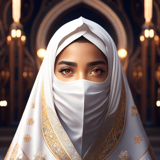 Eine Frau, die einen weißen Hijab mit goldenen Augen und einem weißen Hijab trägt