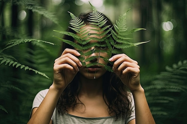 Eine Frau, die ihr Gesicht mit einer Farnpflanze bedeckt