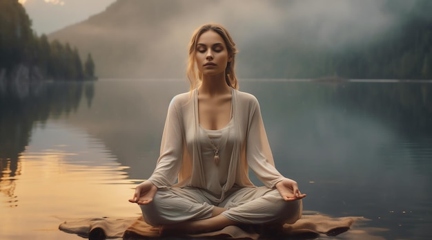eine Frau, die in der Natur meditiert