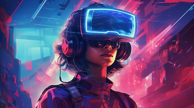 Eine Frau, die in einem futuristischen Spiel ein Virtual-Reality-Headset trägt