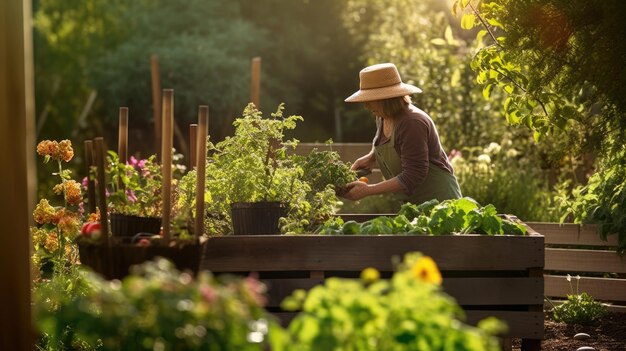 Eine Frau, die in einem Garten mit einem Hut und einem Hut arbeitet.