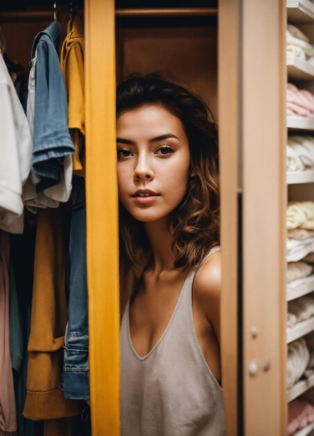 eine Frau, die in einem Schrank voller Kleidung schaut