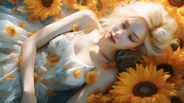 eine Frau, die in einem Sonnenblumenfeld liegt