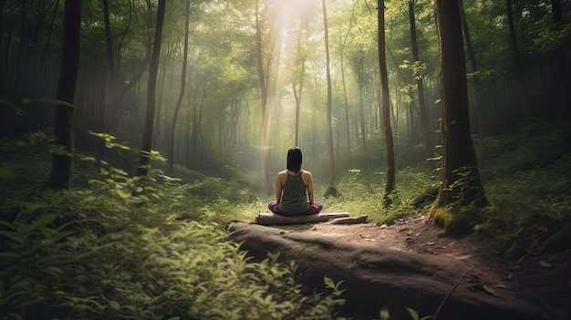 Eine Frau, die in einem Wald meditiert, während die Sonne durch die Bäume scheint