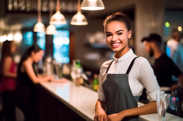 eine Frau, die in einer Bar mit einem Lächeln auf dem Gesicht arbeitet.