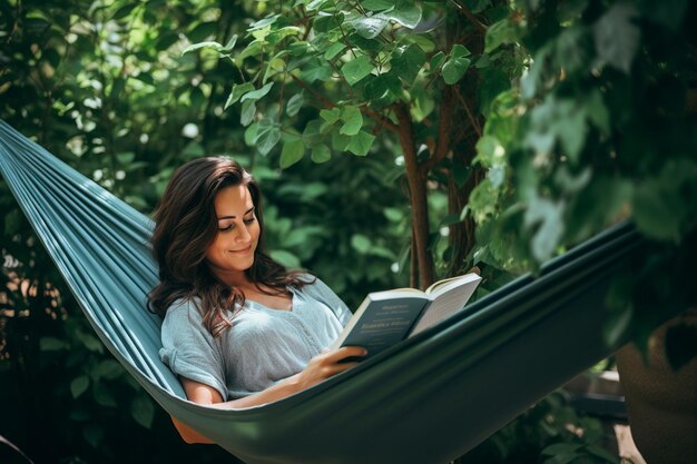 Eine Frau, die in einer Hängematte mit einem Buch schläft