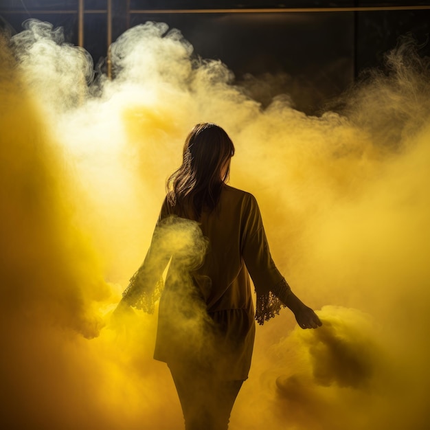 Eine Frau, die mit dem Rücken tanzt, umgeben von rauchgenerierender KI