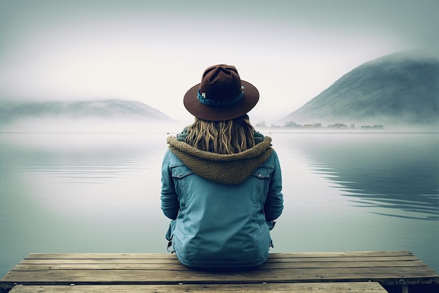 Foto eine frau, die mit dem rücken zu einem steg sitzt, blickt entspannt auf die berge auf der anderen seite des sees und macht eine pause von ihrer reise, die ai generiert hat