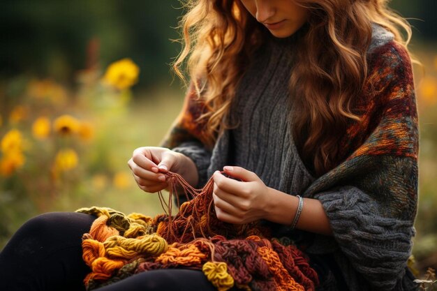 Foto eine frau, die mit einer nadel und einem nadelfeltstrick strickt