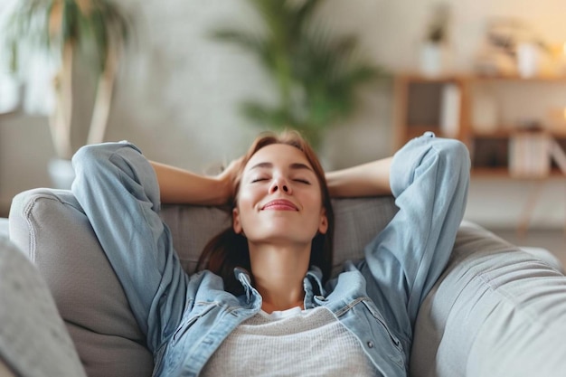 Foto eine frau, die mit geschlossenen augen auf einer couch liegt