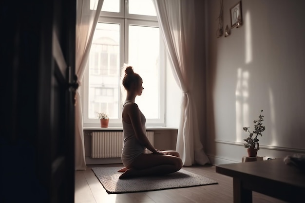 Eine Frau, die morgens Yoga macht, erzeugt