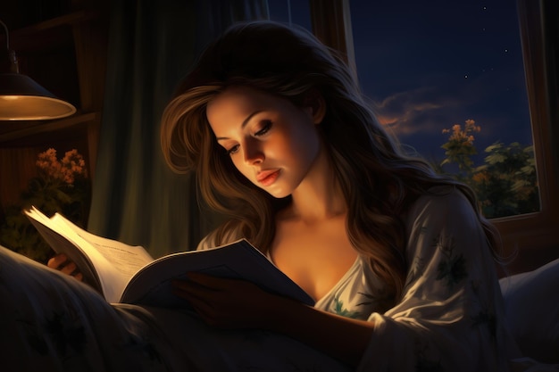 Eine Frau, die sich dem Vergnügen hingibt, ein Buch zu lesen, während sie nachts im Bett liegt. Niedliche Frau, die nachts alleine im Bett liest. KI-generiert