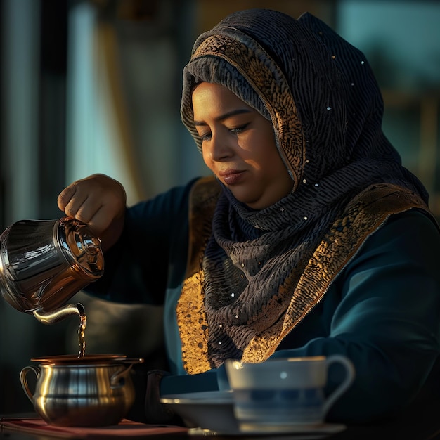 eine Frau, die Tee in eine Tasse mit einem Teekessel gießt