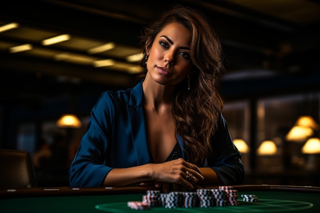 eine Frau, die tief in ein Pokerspiel vertieft ist