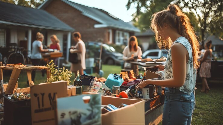 Foto eine frau durchsucht einen yard sale mit anderen menschen im hintergrund