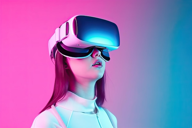 Eine Frau, eingetaucht in die virtuelle Realität vor einem leuchtend rosa Hintergrund. Generative KI