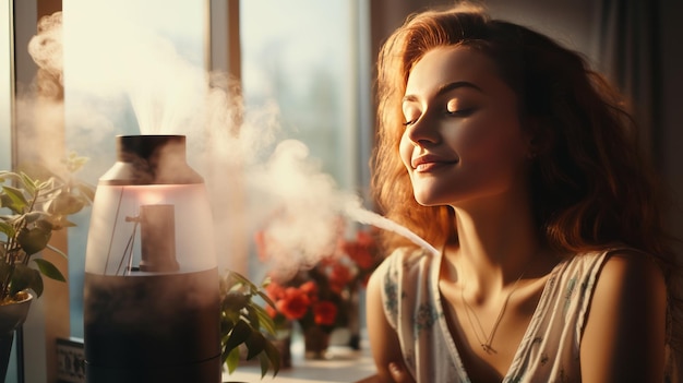 Foto eine frau entspannt sich auf einem bus, während ein essentialer-öl-aroma-diffuser die luft im wohnzimmer luftbefeuchtet