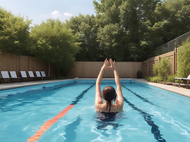 Eine Frau erhob sich an einem sonnigen Tag mit ihren Händen in einem Schwimmbad