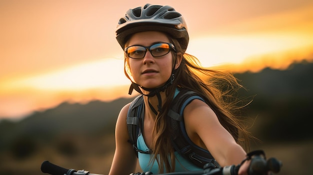 Eine Frau fährt bei Sonnenuntergang Fahrrad in den Bergen.