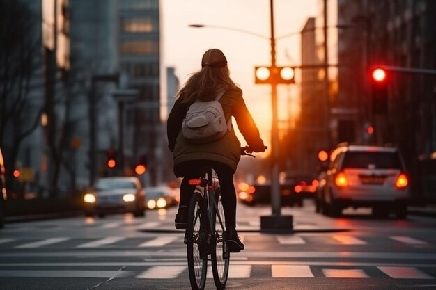 eine Frau fährt bei Sonnenuntergang mit ihrem Fahrrad durch einen Fußgängerübergang