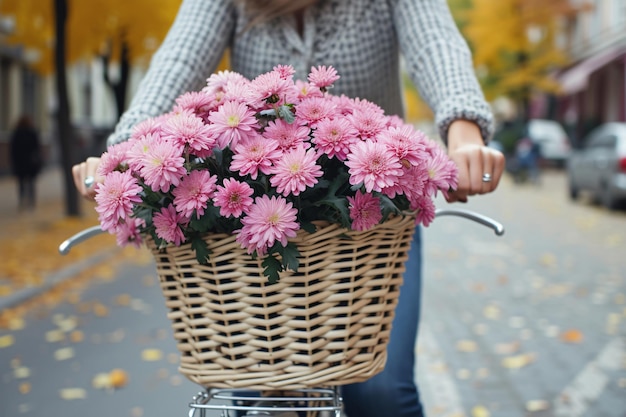 eine Frau fährt ein Fahrrad mit einem Korb voller Blumen