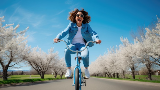 Eine Frau fährt freudig Fahrrad auf einer Straße, die von blühenden weißen Kirschbäumen unter einem klaren blauen Himmel gesäumt ist