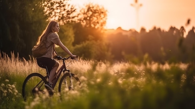 Eine Frau fährt mit dem Fahrrad auf einem Feld, während die Sonne hinter ihr untergeht