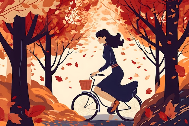 Eine Frau fährt mit dem Fahrrad durch den Herbstwald.