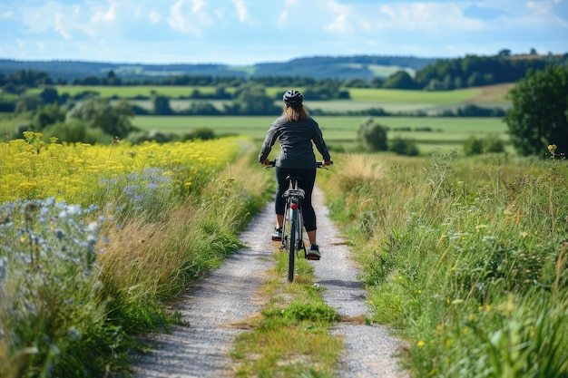 Eine Frau fährt mit dem Fahrrad eine unbefestigte Straße entlang