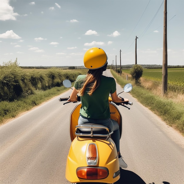 Eine Frau fährt mit einem gelben Helm auf einem Roller.