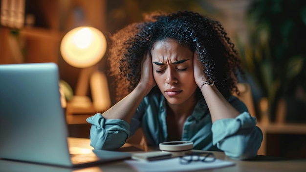 Foto eine frau fühlt sich gestresst, während sie an ihrem laptop arbeitet, sie hat ihren kopf in den händen, ein schmerzhafter gesichtsausdruck, der auf kopfschmerzen, frustration oder erschöpfung hindeutet.