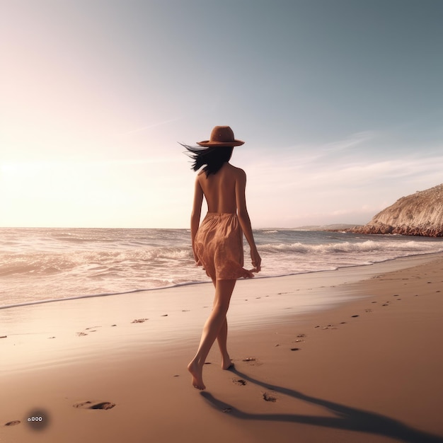 Eine Frau geht am Strand spazieren und die Sonne scheint auf ihren Hut.