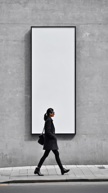 Eine Frau geht an einem großen weißen Plakat vorbei