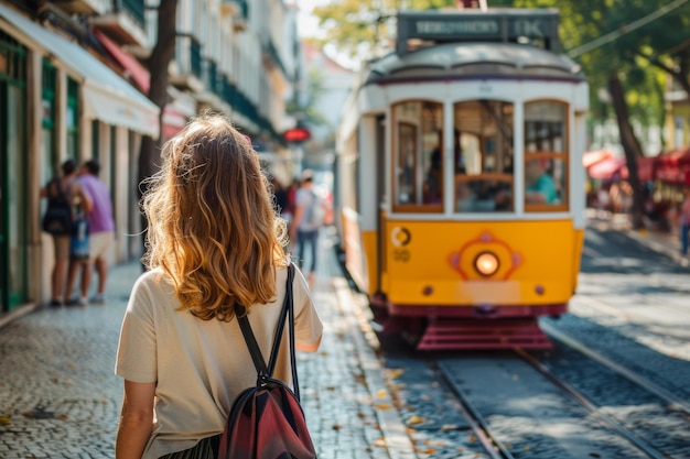 Eine Frau geht an einer Straßenbahn entlang