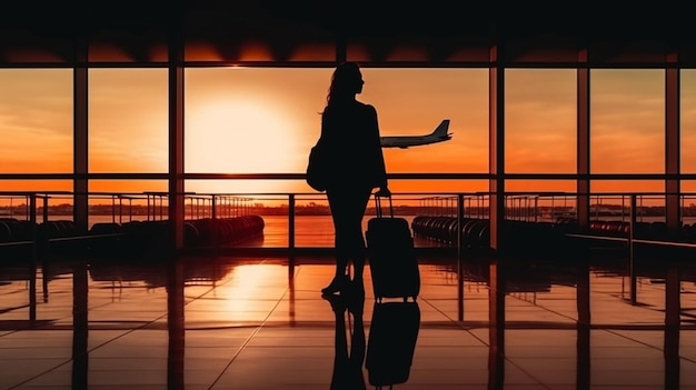 Eine Frau geht auf einem Flughafen mit einem Koffer vor einem Fenster spazieren, während die Sonne hinter ihrer generativen Ai untergeht