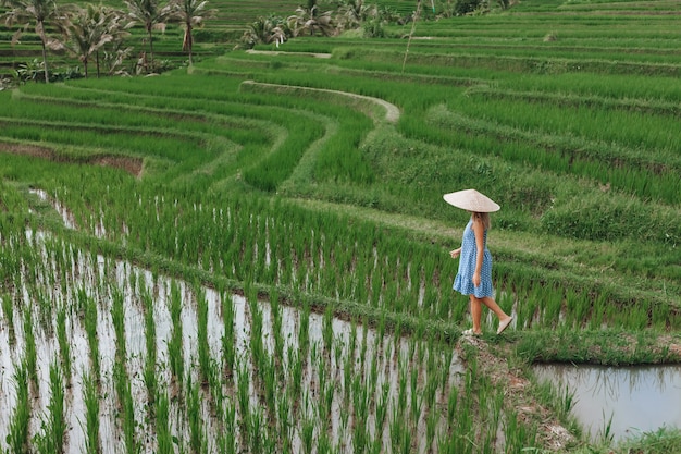 Eine Frau geht auf Reisterrassen in Bali