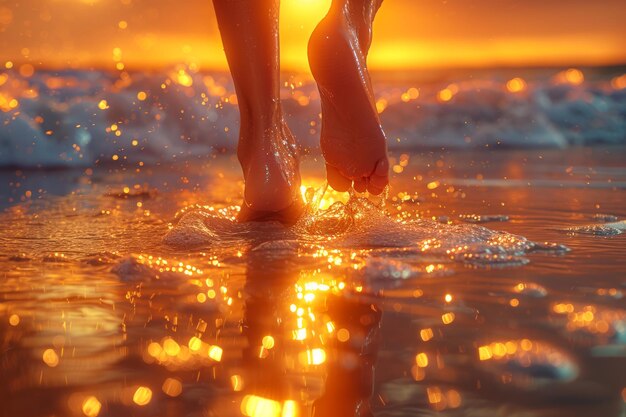 Eine Frau geht bei Sonnenuntergang am Strand spazieren