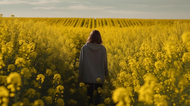 Eine Frau geht durch ein Feld mit gelben Blumen.