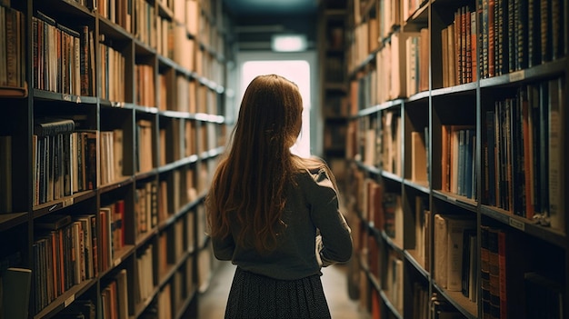 Eine Frau geht durch eine Bibliothek mit Bücherregalen im Hintergrund.