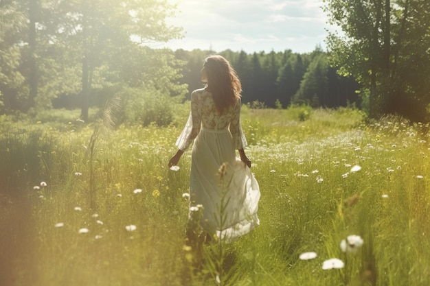 Eine Frau geht durch eine Blumenwiese