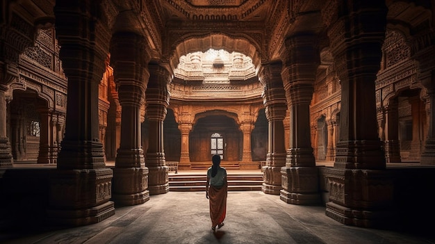 Eine Frau geht durch einen Tempel mit dem Wort Jaisalmer auf der linken Seite.