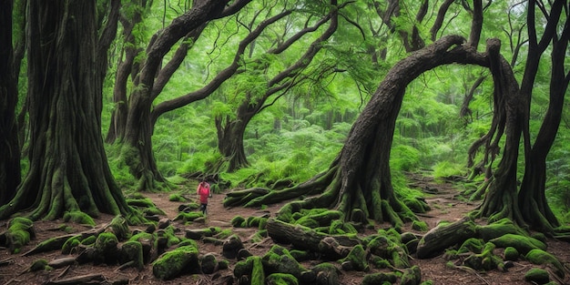 Eine Frau geht durch einen Wald mit Bäumen und Moos auf dem Boden.