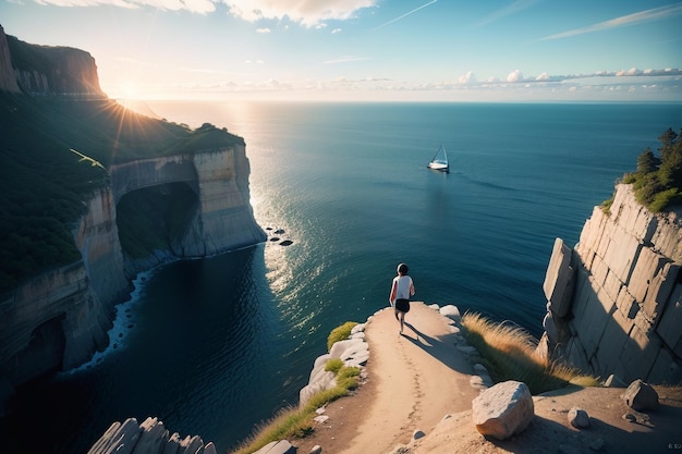 Eine Frau geht eine Klippe entlang mit Blick auf das Meer.