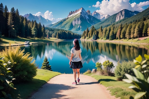 Eine Frau geht einen Weg vor einem Bergsee entlang.