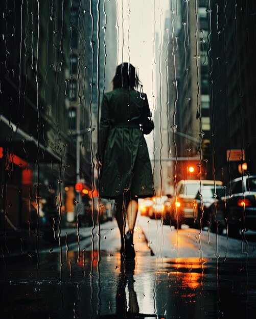 eine Frau geht in der Regen eine nasse Straße entlang