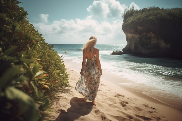 Eine Frau geht in einem Blumenkleid am Strand entlang.