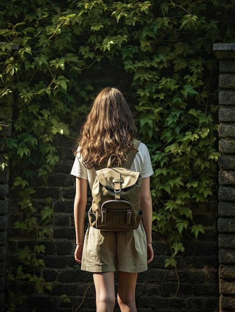 eine Frau geht mit dem Rücken zur Kamera durch den Wald, trägt einen Rucksack und trägt eine kleine Tasche