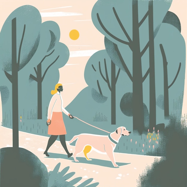 Eine Frau geht mit einem Hund im Wald spazieren