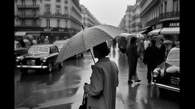 Eine Frau geht mit einem Regenschirm die Straße entlang.