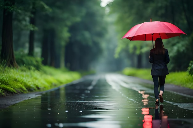 Eine Frau geht mit einem Regenschirm durch den Regen.